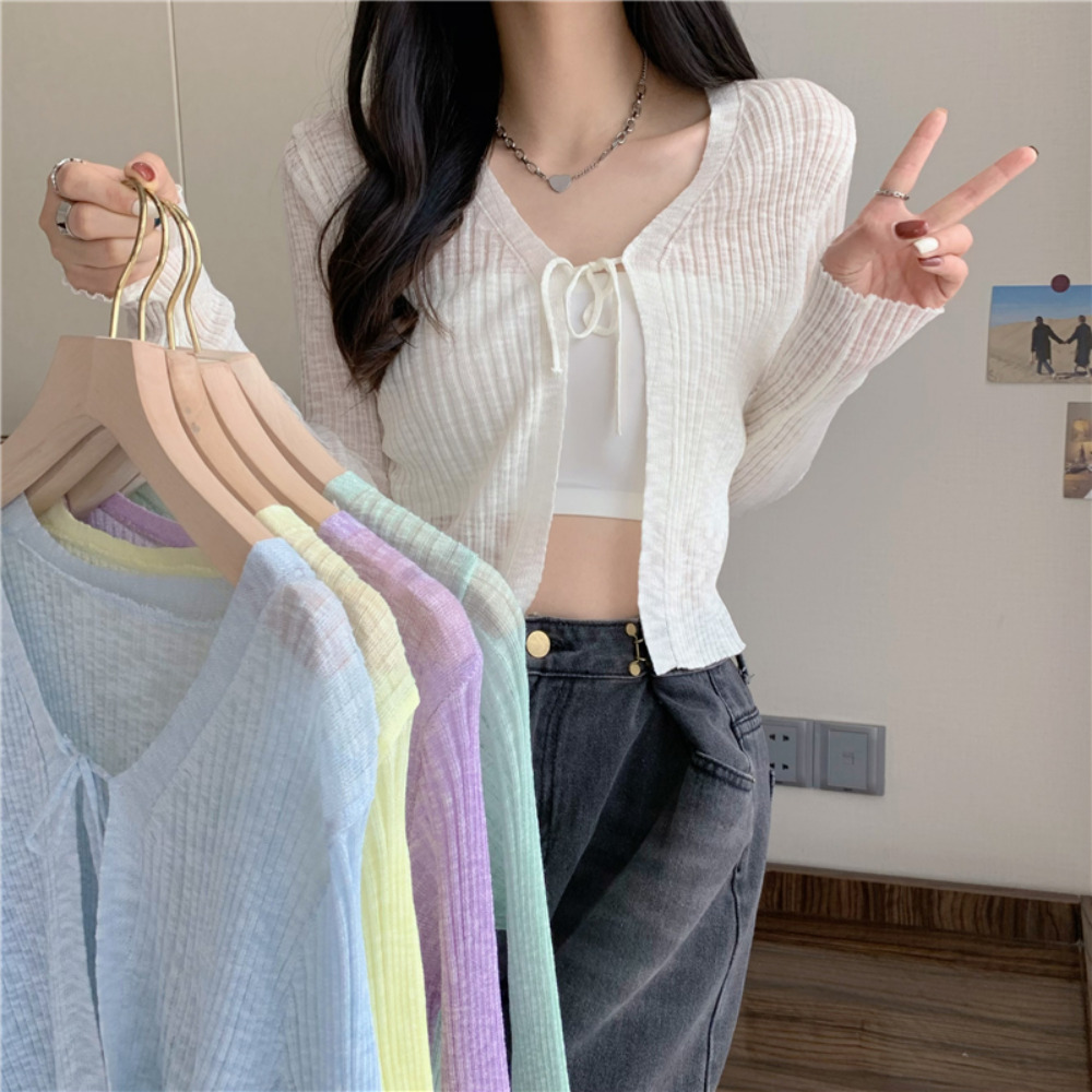 시스루 골지 리본 오픈 가디건 MAIN_0 이미지