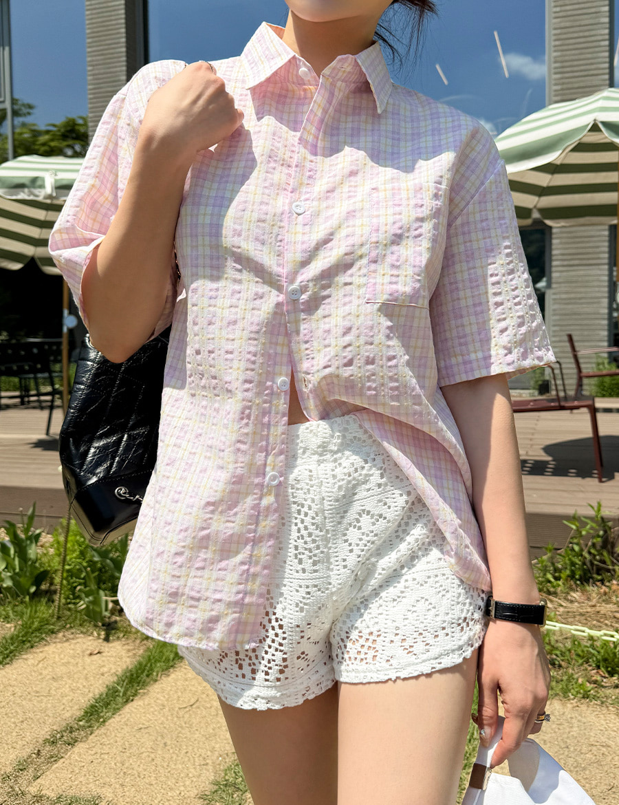 체크 반팔 셔츠 스탠다드핏 핑크 면 100 MAIN_0 이미지