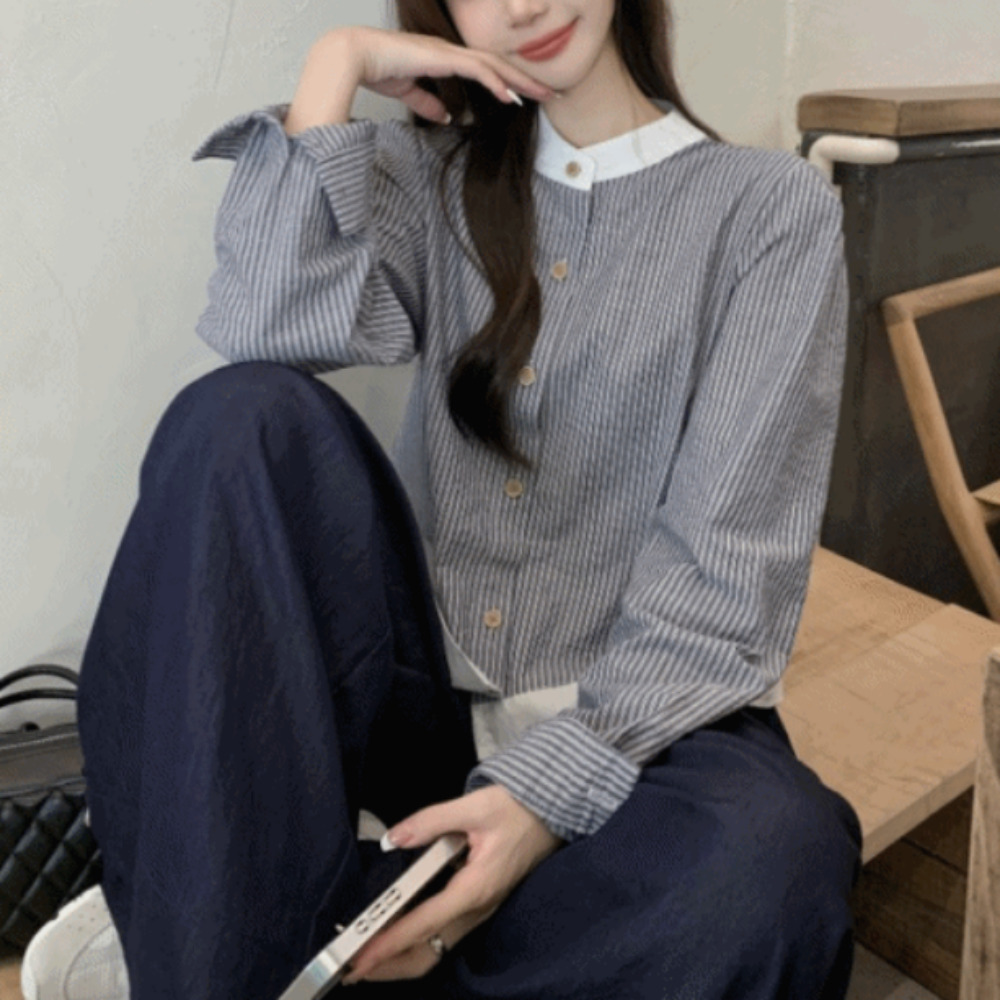 클래식 배색카라 스트라이프 블라우스 MAIN_0 이미지