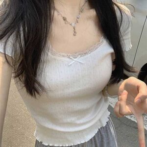 여리핏 스퀘어넥 레이스 반팔 티셔츠 빅사이즈 MAIN_0 이미지