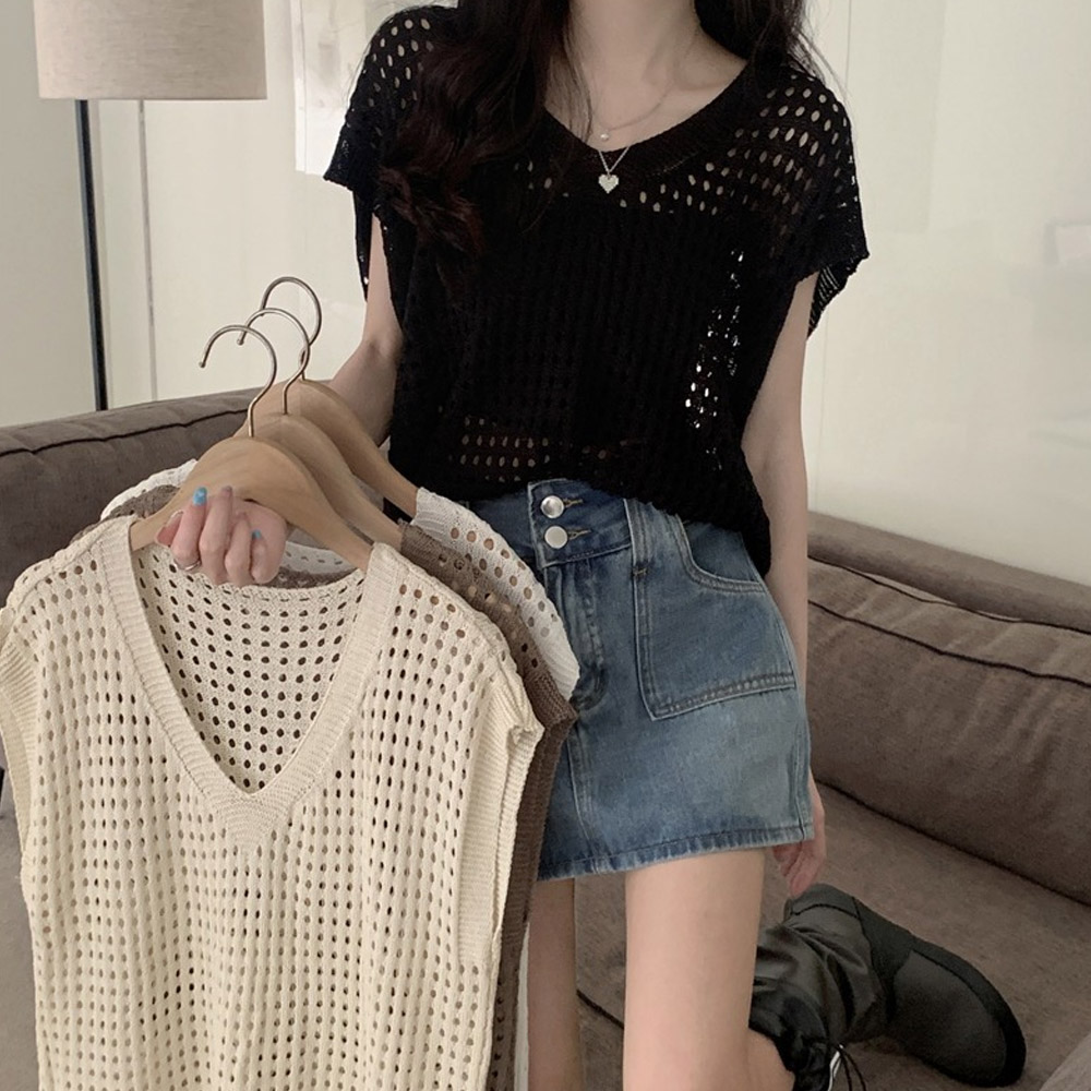 여자 레이어드 펀칭 니트 브이넥 조끼 MAIN_0 이미지