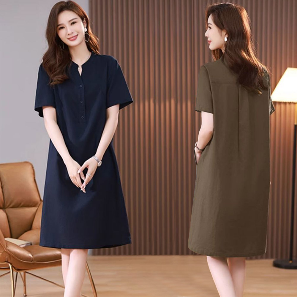 여자 브이넥 시원한 소재 반팔 원피스 빅사이즈 MAIN_0 이미지